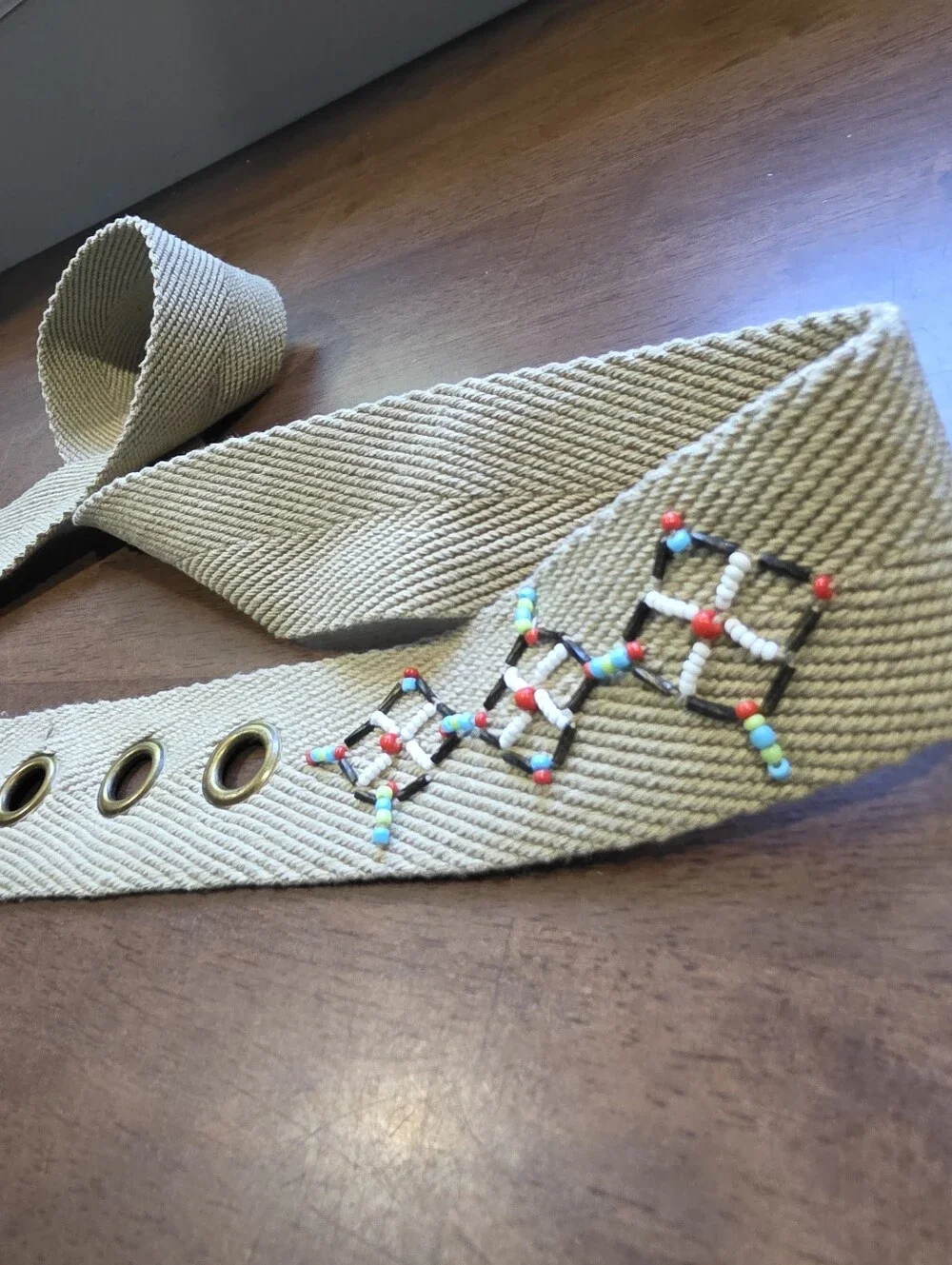 Embroidered Ivory Woven Belt with Brass Hardware Size 13